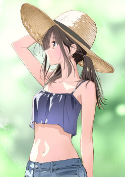 Rule 34 | 1girl, arm up, blue shorts, blue tank top, blurry, blurry background, brown hair, collarbone, denim, denim shorts, hat, looking to the side, midriff, navel, original, ponytail, shorts, solo, sun hat, tank top, yamanaka kouji (yanchiki2001)
