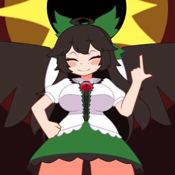 1girl animated animated_gif bird_wings black_hair black_sun black_wings blush bouncing_breasts bow breasts cape green_bow green_skirt hair_bow long_hair looking_at_viewer miniskirt open_mouth panties panty_peek pantyshot pointing pointing_up red_eyes reiuji_utsuho shinoda404 shirt skirt smile solo sun third_eye third_eye_on_chest touhou underwear upskirt wings