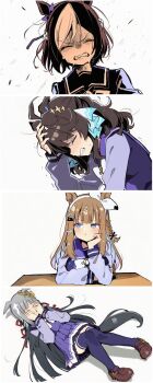 Rule 34 | 4girls, ahoge, almond eye (umamusume), animal ears, blue eyes, blunt bangs, bow hairband, brown hair, chrono genesis (umamusume), commentary request, crying, daring tact (umamusume), grey hair, hair between eyes, hair ornament, hairband, highres, horse ears, horse girl, long hair, looking at viewer, medium hair, multicolored hair, multiple girls, pout, school uniform, short hair, simple background, special week (umamusume), star (symbol), star hair ornament, symbol-shaped pupils, to zaemon, tracen school uniform, umamusume, white background, white hairband, x-shaped pupils