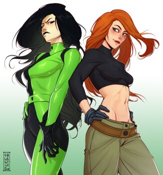 2girls absurdres artist_name baggy_pants black_bodysuit black_gloves black_hair black_shirt bodysuit breasts brown_hair cropped_shirt gloves gradient_background green_background green_bodysuit green_pants hands_on_own_hips highres kim_possible kim_possible_(series) ko-fi_username long_hair medium_breasts midriff multicolored_bodysuit multiple_girls navel pants shego shirt two-tone_bodysuit valentina_tavolilla