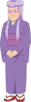 1girl anime_coloring basue_(snack_basue) closed_mouth full_body geta glasses japanese_clothes kimono long_hair long_sidelocks looking_at_viewer official_art old old_man old_woman pompadour purple_hair purple_kimono purple_sash sash sidelocks simple_background smile snack_basue solo standing sunglasses toyama. transparent_background very_long_sidelocks wrinkled_skin