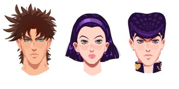 1girl 2boys battle_tendency brown_eyes brown_hair closed_mouth commentary diamond_wa_kudakenai earrings english_commentary family father_and_son green_eyes hairband higashikata_josuke higashikata_tomoko highres jewelry johkhau jojo_no_kimyou_na_bouken joseph_joestar joseph_joestar_(young) makeup mother_and_son multiple_boys pink_lips pompadour portrait purple_hair short_hair smile white_background
