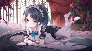 1girl absurdly_long_hair apron aris_(blue_archive) aris_(maid)_(blue_archive) bed black_dress black_hair black_wrist_cuffs blue_archive blue_eyes blue_ribbon blush ccczr closed_mouth collared_dress commentary contrast_collar curtains dress feet feet_up flower frilled_apron frilled_pillow frills hand_on_own_arm high_ponytail highres indoors loli long_hair long_sidelocks looking_at_viewer lying maid maid_apron maid_headdress making-of_available neck_ribbon no_halo no_shoes official_alternate_costume official_alternate_hairstyle on_bed on_stomach pantyhose parted_bangs pillow pink_petals ponytail puffy_short_sleeves puffy_sleeves ribbon short_sleeves sidelocks signature smile soles solo split_mouth the_pose toes very_long_hair white_apron white_headdress white_pantyhose window wrist_cuffs