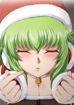 1girl bell breasts c.c. capelet christmas closed_eyes code_geass female_focus fur_trim green_hair hat incoming_kiss kaname_aomame light_blush lips long_hair medium_breasts nail_polish red_capelet shiny_skin