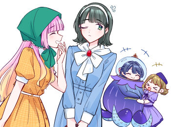 Rule 34 | > <, +++, 4girls, :d, ;/, ^ ^, alien costume, anyoji hime, anyoji hime (kaiten no shasou), black hair, blue dress, blue hair, blue ribbon, blush, bow, bowtie, breasts, briefcase, brown hair, closed eyes, closed mouth, double bun, dress, fishbowl helmet, flipped hair, green bonnet, green eyes, hair bun, hair ribbon, hairband, half updo, hat, highres, holding, holding briefcase, kachimachi kosuzu, kachimachi kosuzu (kaiten no shasou), link! like! love live!, long sleeves, love live!, medium breasts, medium hair, momose ginko, momose ginko (kaiten no shasou), multiple girls, murano sayaka, murano sayaka (sairin no shasou), notice lines, one eye closed, open mouth, profile, puffy short sleeves, puffy sleeves, purple dress, purple hat, red ribbon, ribbon, short sleeves, simple background, smile, v arms, virtual youtuber, white background, white bow, white bowtie, white hairband, xd, yellow dress, zangemiya