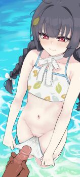 1boy 1girl berserkert bikini bikini_bottom_pull black_hair blue_archive blush braid cleft_of_venus closed_mouth collarbone cum cum_in_clothes cum_in_panties cum_on_clothes cum_on_panties dark-skinned_male dark_skin flat_chest from_above groin hetero highres leaf leaf_on_head leaf_print loli long_hair mabel male_masturbation masturbation miyu_(blue_archive) miyu_(swimsuit)_(blue_archive) official_alternate_costume panties penis print_bikini pussy red_eyes solo_focus standing swimsuit twin_braids uncensored underwear wading water white_bikini