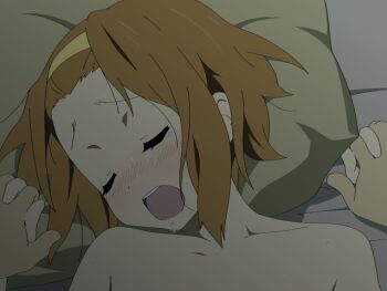 1girl bad_id bad_pixiv_id bare_shoulders bed blush brown_hair completely_nude drooling errant closed_eyes hairband holding_hands implied_sex k-on! kuma_motoko lying nude open_mouth pillow pov round_teeth saliva sexually_suggestive short_hair solo_focus sweat tainaka_ritsu tears teeth