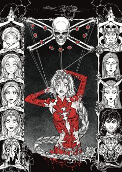 2boys 6+girls aged_down baldur's_gate baldur's_gate_3 black_background black_eyeshadow black_lips blank_eyes bleeding blood blood_on_face bodysuit bone braid cleavage_cutout clothing_cutout collared_bodysuit colored_skin commission cowboy_shot detached_sleeves enver_gortash eyeshadow facing_viewer greyscale hatching_(texture) headpiece highres hip_vent huachandawang ketheric_thorm long_hair low-braided_long_hair low-tied_long_hair makeup monochrome multiple_boys multiple_girls multiple_persona orin_the_red puppet_strings red_bodysuit red_sleeves runny_makeup sarevok_anchev single_braid skull slayer_(baldur's_gate) solo_focus spot_color white_hair white_skin