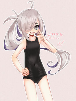 1girl ahoge aqua_bow asashimo_(kancolle) black_one-piece_swimsuit bow breasts covered_navel dated feet_out_of_frame grey_background grey_eyes grey_hair hair_over_one_eye hand_on_own_hip highres kantai_collection looking_at_viewer mf_u_c old_school_swimsuit one-piece_swimsuit ponytail school_swimsuit signature small_breasts solo swimsuit twitter_username