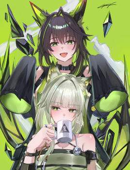 2girls :d absurdres animal_ear_fluff animal_ears arknights bare_shoulders black_hair black_jacket breasts cleavage collarbone commentary_request cup dress fang green_background green_dress green_eyes green_hair grey_hair hair_intakes highres holding holding_cup horns jacket kal&#039;tsit_(arknights) long_hair long_sleeves medium_breasts miya-chan_(lightning0730) mon3tr_(arknights) mug multicolored_hair multiple_girls off-shoulder_jacket off_shoulder open_clothes open_jacket open_mouth signature sleeves_past_fingers sleeves_past_wrists smile stethoscope_around_neck two-tone_hair