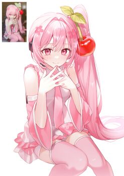 1girl absurdres bare_shoulders blush cherry_hair_ornament closed_mouth commentary detached_sleeves feet_out_of_frame food-themed_hair_ornament gumagom2 hair_ornament hatsune_miku headset highres long_hair looking_at_viewer miniskirt nail_polish necktie photo-referenced pink_eyes pink_hair pink_nails pink_necktie pink_skirt pink_sleeves pink_thighhighs pleated_skirt reference_inset sakura_miku shirt side_ponytail simple_background sitting skirt sleeveless sleeveless_shirt smile solo steepled_fingers thighhighs untranslatable_commentary very_long_hair vocaloid white_background white_shirt zettai_ryouiki