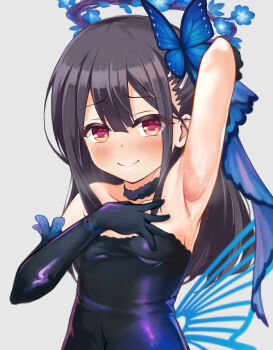 Rule 34 | 1girl, arm behind head, arm up, armpits, asymmetrical gloves, bare shoulders, black gloves, black hair, black leotard, blush, breasts, butterfly hair ornament, butterfly wings, choker, commentary request, fate/grand order, fate (series), flower, gloves, hair ornament, hair ribbon, hairclip, halo, highres, insect wings, leotard, long hair, looking at viewer, miyu edelfelt, miyu edelfelt (swimsuit lancer) (third ascension), mochi (k620803n), paid reward available, red eyes, ribbon, sidelocks, small breasts, smile, solo, wings