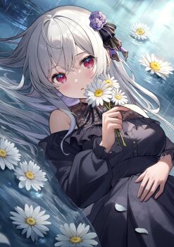 Rule 34 | 1girl, amagoi rinon, aria (ariacue), bare shoulders, black dress, black ribbon, bubble (iriam), commentary request, dress, flower, frilled dress, frills, grey hair, hair flower, hair ornament, hair ribbon, high-waist skirt, highres, holding, holding flower, long hair, lying, neck ribbon, partially submerged, purple flower, rain, red eyes, ribbon, skirt, solo, virtual youtuber, water, white flower