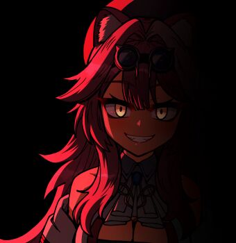 Rule 34 | 1girl, animal ears, ascot, black background, breasts, cleavage, commentary, ddolbang, english commentary, evil grin, evil smile, goggles, goggles on head, grin, hat, highres, hololive, hololive english, panther ears, panther girl, raora panthera, raora panthera (1st costume), smile, solo, virtual youtuber, white ascot, yellow eyes