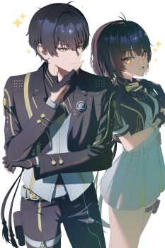 absurdres black_gloves black_hair black_jacket black_pants breasts closed_mouth commentary_request dress dual_persona female_rover_(perpetual_spark)_(wuthering_waves) female_rover_(wuthering_waves) fingerless_gloves gloves hair_between_eyes hand_up highres jacket korean_commentary looking_at_viewer male_rover_(perpetual_spark)_(wuthering_waves) male_rover_(wuthering_waves) medium_breasts necktie nininininil official_alternate_costume pants parted_lips rover_(wuthering_waves) shirt simple_background smile tacet_mark_(wuthering_waves) white_background white_dress white_shirt wuthering_waves yellow_eyes yellow_necktie