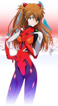 1girl blue_eyes bodysuit breasts brown_hair evangelion:_3.0_you_can_(not)_redo eyepatch hair_over_one_eye hand_on_own_hip highres interface_headset_(evangelion) long_hair marco_albiero mecha_pilot_suit medium_breasts multicolored_bodysuit neon_genesis_evangelion plugsuit_(evangelion) rebuild_of_evangelion signature skin_tight solo souryuu_asuka_langley v