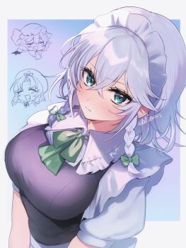 3girls bat_wings blue_eyes blush bow braid breasts closed_eyes closed_mouth commentary_request green_bow grey_hair hair_bow hat hat_ornament highres hong_meiling izayoi_sakuya long_hair looking_at_viewer maid maid_headdress mob_cap multiple_girls nanase_chiori neck_ribbon open_mouth puffy_short_sleeves puffy_sleeves remilia_scarlet ribbon short_sleeves smile star_(symbol) star_hat_ornament touhou twin_braids twitter_username wings