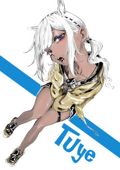 1girl animal_ears arknights camel_ears camel_girl character_name commentary_request dark-skinned_female dark_skin hair_between_eyes hand_between_thighs highres jacket long_hair long_sleeves looking_at_viewer mask mask_around_neck nanbaba open_mouth purple_eyes simple_background sitting solo teeth tongue tuye_(arknights) white_hair yellow_jacket