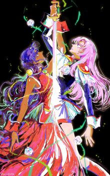 2girls bare_shoulders black_background blue_jacket boots breasts dark-skinned_female dark_skin dress epaulettes hair_between_eyes highres himemiya_anthy holding holding_sword holding_weapon jacket long_dress medium_breasts multiple_girls parted_bangs parted_lips pink_hair purple_hair red_boots red_dress red_skirt red_wrist_cuffs shoujo_kakumei_utena sidelocks skirt sword tenjou_utena weapon windychariot wrist_cuffs