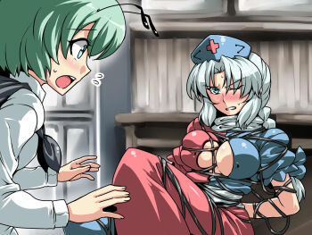 Rule 34 | 2girls, androgynous, antennae, bdsm, blue eyes, blush, bondage, bound, braid, breasts, cleavage, covered erect nipples, dress, female focus, green eyes, green hair, hat, highres, impossible clothes, impossible dress, large breasts, long hair, multiple girls, nurse cap, reverse trap, silver hair, touhou, tukiwani, wriggle nightbug, yagokoro eirin