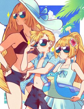 1boy 2girls absurdres alolan_exeggutor alolan_form andrich_galam bare_shoulders bikini black_bikini blonde_hair blue_male_swimwear blue_shirt blue_sky blunt_bangs blush braid breasts cloud collarbone day flower gen_1_pokemon gen_7_pokemon gladion_(pokemon) hair_flower hair_ornament hat highres innertube lapras lillie_(pokemon) long_hair lusamine_(pokemon) male_swimwear mature_female mother_and_child mother_and_daughter mother_and_son multiple_girls nintendo one-piece_swimsuit outdoors parent_and_child parted_lips pokemon pokemon_(anime) pokemon_(creature) pokemon_the_series:_sun_&amp;_moon ponytail ponytail_with_braided_base puckered_lips shirt sky stomach sun_hat sunflower swim_ring swim_trunks swimsuit very_long_hair white_hat white_one-piece_swimsuit