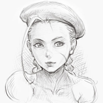 1girl braid cammy_white commentary_request crosshatching facial_scar greyscale hat hatching_(texture) kuroneco monochrome scar scar_on_cheek scar_on_face signature solo street_fighter twin_braids
