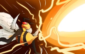 absurdres antennae beedrill beedrill_string_shot_(meme) bones_dio bug colored_skin commentary derivative_work energy_beam english_commentary flying full_body gen_1_pokemon highres hyper_beam_(pokemon) insect_wings meme nintendo no_humans pokemon pokemon_(creature) pokemon_focus pokemon_move pokemon_stadium red_eyes screenshot_redraw solo twitter wasp wings yellow_skin