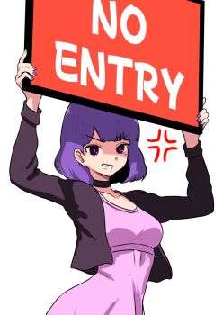 1girl amelia_(pathways) anger_vein angry animification arms_up black_choker black_jacket bob_cut breasts choker clenched_teeth commentary_request cropped_jacket dress english_text grimace highres holding holding_sign jacket jacket_over_dress looking_at_viewer medium_breasts mole mole_under_eye mya_kouan open_clothes open_jacket pathways_(game) pink_dress pink_pupils politics purple_eyes purple_hair purple_nails sign simple_background solo teeth twisted_torso united_kingdom upper_body v-shaped_eyebrows white_background