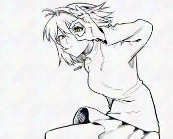 1girl ahoge arcueid_brunestud arm_up breasts floating_clothes floating_hair gesture hair_between_eyes hair_intakes heterochromia huge_breasts jewelry leaning_forward lineart looking_at_viewer metarogu miniskirt mystic_eyes_of_enchantment necklace short_hair skirt solo sweater tsukihime tsukihime_(remake) turtleneck turtleneck_sweater yellow_eyes