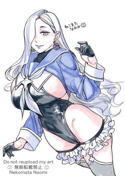 1girl black_gloves black_leotard blue_archive blue_sailor_collar blue_shrug bow breast_curtains breasts cosplay earrings eyeliner fate/grand_order fate_(series) frills garter_straps glasses gloves greyscale hair_bow hair_ornament hair_over_one_eye half_gloves highleg highleg_leotard hoop_earrings jewelry large_breasts leotard lipstick long_hair long_sleeves looking_at_viewer makeup monochrome mrs._snake_(fate) neckerchief nekomata_naomi revision sailor_collar shimiko_(blue_archive) shimiko_(blue_archive)_(cosplay) shimiko_(magical)_(blue_archive) shrug_(clothing) smile solo spot_color thighhighs thighs translation_request