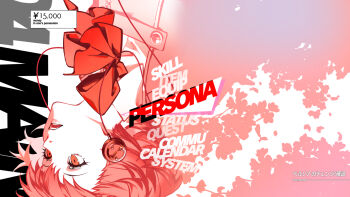 1girl brown_eyes commentary_request english_text hair_between_eyes headphones highres jacket medium_hair menu mp3_player open_mouth red_ribbon ribbon shiosakana solo teeth upside-down user_interface yen