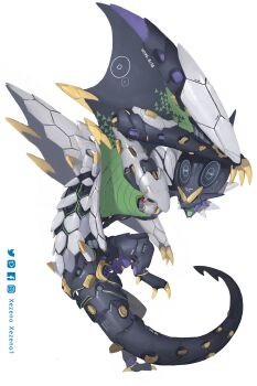 animal_focus artist_name blue_eyes commentary english_commentary english_text facebook_logo facebook_username full_body gen_6_pokemon highres instagram_logo instagram_username mecha mechanization nintendo no_humans noivern open_mouth pixiv_logo pixiv_username pokemon pokemon_(creature) robot simple_background solo twitter_logo twitter_username white_background xezeno