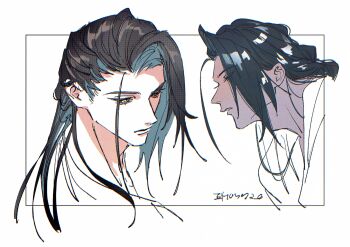 1boy absurdres artist_name black_hair blue_hair border closed_mouth em070720 fate/grand_order fate_(series) from_side highres kondou_isami_(fate) long_hair looking_back looking_down male_focus multicolored_hair multiple_views parted_lips sketch two-tone_hair