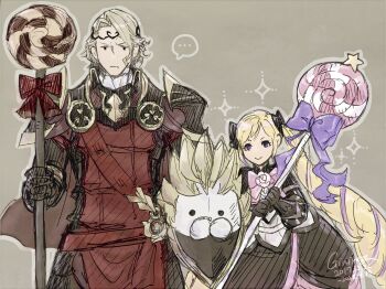 1boy 1girl aristocratic_clothes black_bow blonde_hair bow brother_and_sister candy drill_hair elise_(fire_emblem) fire_emblem fire_emblem_fates food hair_bow highres holding holding_candy holding_food holding_lollipop holding_staff lollipop nintendo purple_eyes purple_hair siblings staff twin_drills twintails ultrablueanya xander_(fire_emblem)