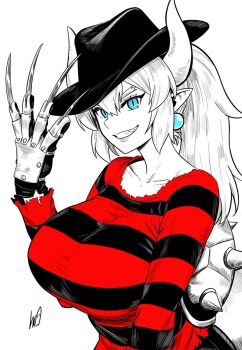 1girl black_shirt blue_eyes bowsette breasts claws collarbone cosplay earrings fang freddy_krueger freddy_krueger_(cosplay) gloves grin hand_up highres horns jewelry large_breasts long_hair lughost mario_(series) new_super_mario_bros._u_deluxe nintendo pointy_ears ponytail red_shirt shirt smile solo striped_clothes striped_shirt teeth