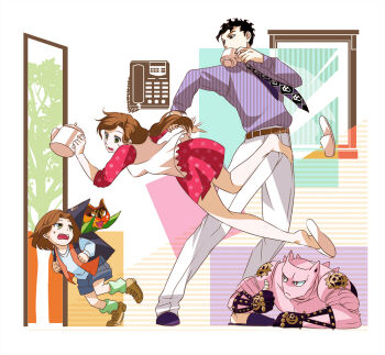 backpack bag black_eyes black_hair brown_eyes brown_hair coffee_mug coffee_pot dress family hand_on_another's_arm jojo_no_kimyou_na_bouken kawajiri_hayato kawajiri_kosaku kawajiri_shinobu killer_queen kira_yoshikage mug necktie phone polka_dot polka_dot_dress red_dress save_(naita_aooni) short_dress shorts single_shoe slippers spiked_hair stand_(jojo) stray_cat_(jojo) striped sweatdrop tree vest