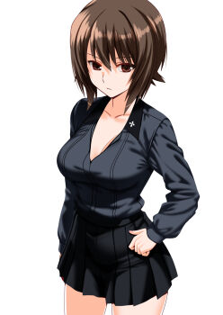 1girl black_skirt breasts brown_eyes brown_hair cleavage commission engo_(aquawatery) girls_und_panzer grey_shirt highres kuromorimine_school_uniform medium_hair nishizumi_maho pixiv_commission pleated_skirt school_uniform shirt skirt solo white_background