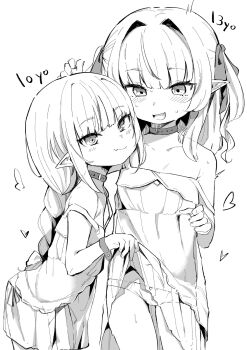 2girls age_comparison bare_shoulders blush braid character_age clothes_lift collar commentary cowboy_shot dress dress_lift dual_persona greyscale hair_intakes hair_ribbon heart highres lifting_another&#039;s_clothes long_hair looking_at_another looking_at_viewer makaino_ririmu makaino_ririmu_(3rd_costume) monochrome multiple_girls nijisanji open_mouth panties pointy_ears ribbon see-through_clothes see-through_dress side-tie_panties sidelocks simple_background sketch sleeveless sleeveless_dress smile strap_slip sweat time_paradox two_side_up underwear utsusumi_kio virtual_youtuber