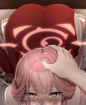 1boy 1girl aru_(blue_archive) aru_(dress)_(blue_archive) bare_legs barefoot blue_archive blush dress fellatio halo highres horns implied_fellatio long_hair lying on_bed oral pink_eyes pink_hair pov red_dress red_halo sotomichi twitter