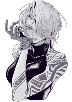 Rule 34 | 1girl, arm tattoo, bare shoulders, biting, biting glove, cropped torso, gloves, greyscale, hair over one eye, hand up, highres, medium hair, monochrome, okkoooome, path to nowhere, shoulder tattoo, solo, tattoo, upper body, white background, zoya (path to nowhere)
