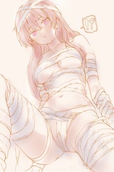 1girl ass bandages bare_shoulders breasts cowboy_shot groin halloween_costume highres long_hair looking_at_viewer medium_breasts mg☆1/100 midriff mummy_costume naked_bandage navel pink_hair purple_eyes solo solo_focus stomach thighs tonikaku_kawaii yuzaki_tsukasa