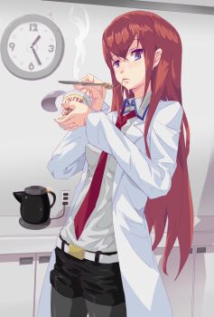 1girl artistic_error belt blue_eyes brown_hair clock coffee_pot eating electric_kettle female_focus fork hiropon_pj instant_noodles kettle lab_coat long_hair makise_kurisu necktie nissin_cup_noodle pantyhose red_necktie science_adventure shorts solo steam steins;gate