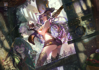 3girls ass blue_eyes caitlyn_(league_of_legends) crab_d gun hat highres league_of_legends long_hair looking_at_viewer looking_back lulu_(league_of_legends) morgana_(league_of_legends) multicolored_hair multiple_girls revision shorts teemo weapon