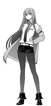 1girl absurdres arm_belt belt belt_buckle blush boots breast_pocket buckle commentary_request dress_shirt eibon embarrassed fishnet_pantyhose fishnets frown full_body greyscale hand_on_own_hip highres jacket jacket_partially_removed long_hair makise_kurisu monochrome necktie pantyhose pocket science_adventure shirt short_shorts shorts solo steins;gate white_belt zipper_footwear zipper_pull_tab