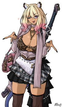 1girl :d ;d absurdres alternate_skin_color animal_ear_fluff animal_ears animal_print arknights blonde_hair breasts cleavage commentary dark-skinned_female dark_skin double_gyaru_v english_commentary furauji gyaru gyaru_v highres huge_breasts jacket leopard_print makeup mascara multicolored_hair one_eye_closed open_clothes open_jacket open_mouth plaid_clothes plaid_skirt skirt smile sword sword_on_back tail tan thighhighs utage_(arknights) v weapon weapon_on_back