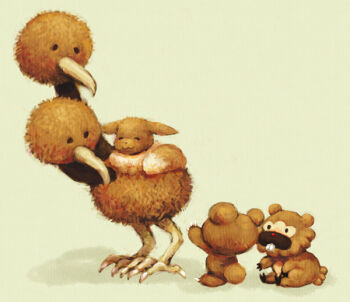 00s 1990s_(style) bidoof brown_theme closed_eyes doduo eevee gen_1_pokemon gen_2_pokemon gen_4_pokemon looking_back nintendo no_humans pokemon pokemon_(creature) pokemon_dppt pokemon_gsc pokemon_rgby retro_artstyle riding riding_pokemon suzzy teddiursa tediursa