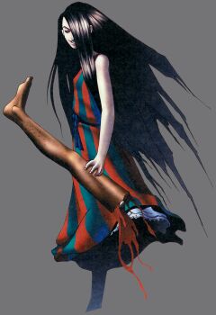 Rule 34 | 1girl, black eyes, black hair, blood, blue sash, colored sclera, demon (megami tensei), devil summoner: soul hackers, devil summoner (series), dress, exposed bone, grin, hair over one eye, highres, holding, holding limb, kashima reiko (megami tensei), kazuma kaneko, official art, red sclera, sash, severed leg, severed limb, sleeveless, sleeveless dress, smile, solo, striped clothes, striped dress, third-party source, transparent background