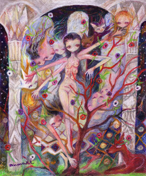1girl 6+others animal anmari black_hair blonde_hair commentary_request completely_nude creature extra_arms extra_breasts long_hair multiple_others nipples nude original painting_(medium) pillar purple_eyes signature traditional_media tree