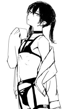 1boy arm_at_side armpit_crease bulge clothes_pull collarbone commentary_request crossdressing crossdressing_(mtf) from_side hair_between_eyes hand_up long_sleeves looking_to_the_side male_focus monochrome navel open_clothes open_shirt original parted_lips partial_commentary revealing_clothes shirt_pull simple_background single_bare_shoulder sketch solo sunaba_(nczd5875) trap twintails white_background