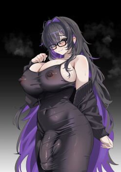 1girl absurdres arm_behind_back bags_under_eyes bare_shoulders black-framed_eyewear black_background black_cardigan black_dress black_hair blunt_bangs blush breasts cardigan closed_mouth colored_inner_hair commentary covered_erect_nipples covered_navel covered_penis covered_testicles cowboy_shot dress english_commentary futanari glasses goddess_of_victory:_nikke gradient_background grey_background hair_intakes hair_over_one_eye half-closed_eyes hand_up highres huge_breasts label_(nikke) long_hair long_sleeves looking_at_viewer multicolored_hair nipples off_shoulder open_cardigan open_clothes paid_reward_available purple_eyes purple_hair raised_eyebrows see-through_clothes see-through_dress sleeveless sleeveless_dress sleeves_past_wrists smile solo standing steaming_body sweat tight_clothes tight_dress two-tone_background two-tone_hair very_long_hair wavy_mouth wujack